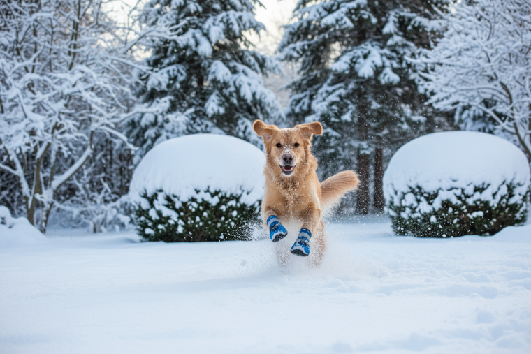Ein hund der im Garten Spielt es liegt schnee und er trägt wetterfeste schuhe an den Pfoten 